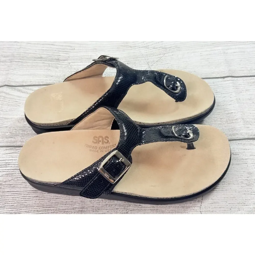SAS Sanibel Slide Sandal Thong T Strap Buckle Adjustable Black Snake Size 8M